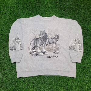 Vintage 90s Wolf Sweatshirt L/XL 24x27 Raglan Crewneck Gorpcore USA